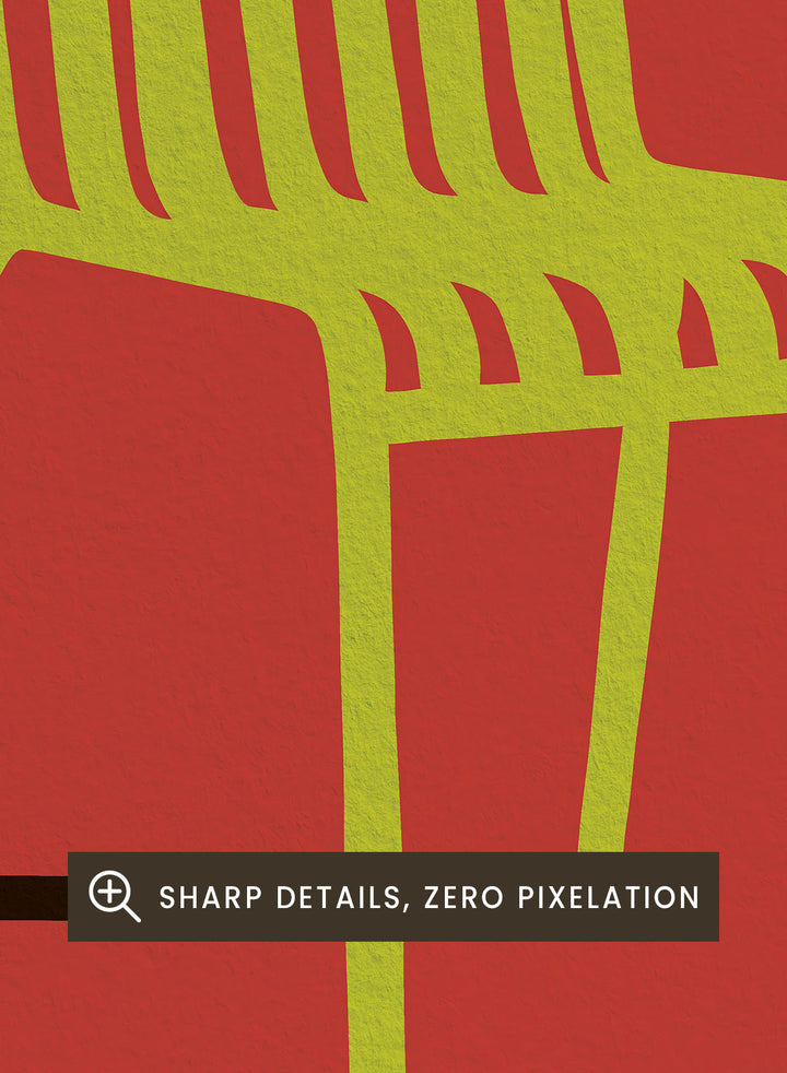 A minimalist graphic art print of a modern armchair, featuring a lime green chair silhouette on a solid red background with bold black shadows. Green Chair Shadow by Lisa Solomoniuk premium framed fine art print featuring a bright green chair and long black shadow against a deep red background.