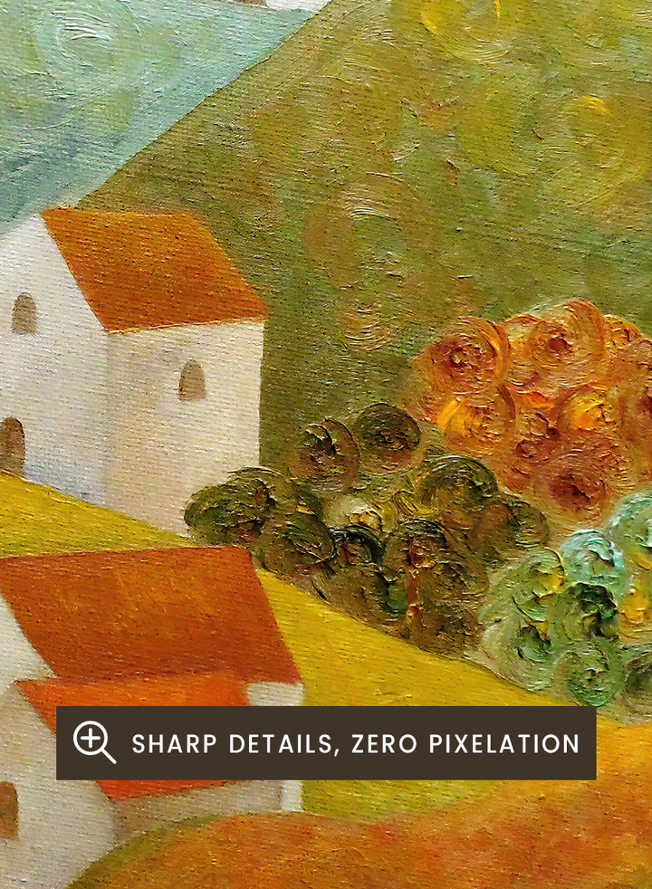 A colorful landscape painting featuring white houses with orange-red roofs nestled among rolling hills in shades of green, purple, yellow, and orange, with a plowed field under a pale sky in the background. Shop Colorful Hillside Village by Angeles M. Pomata, an autumn countryside art print featuring white houses, rolling hills, warm fields, and earthy color.