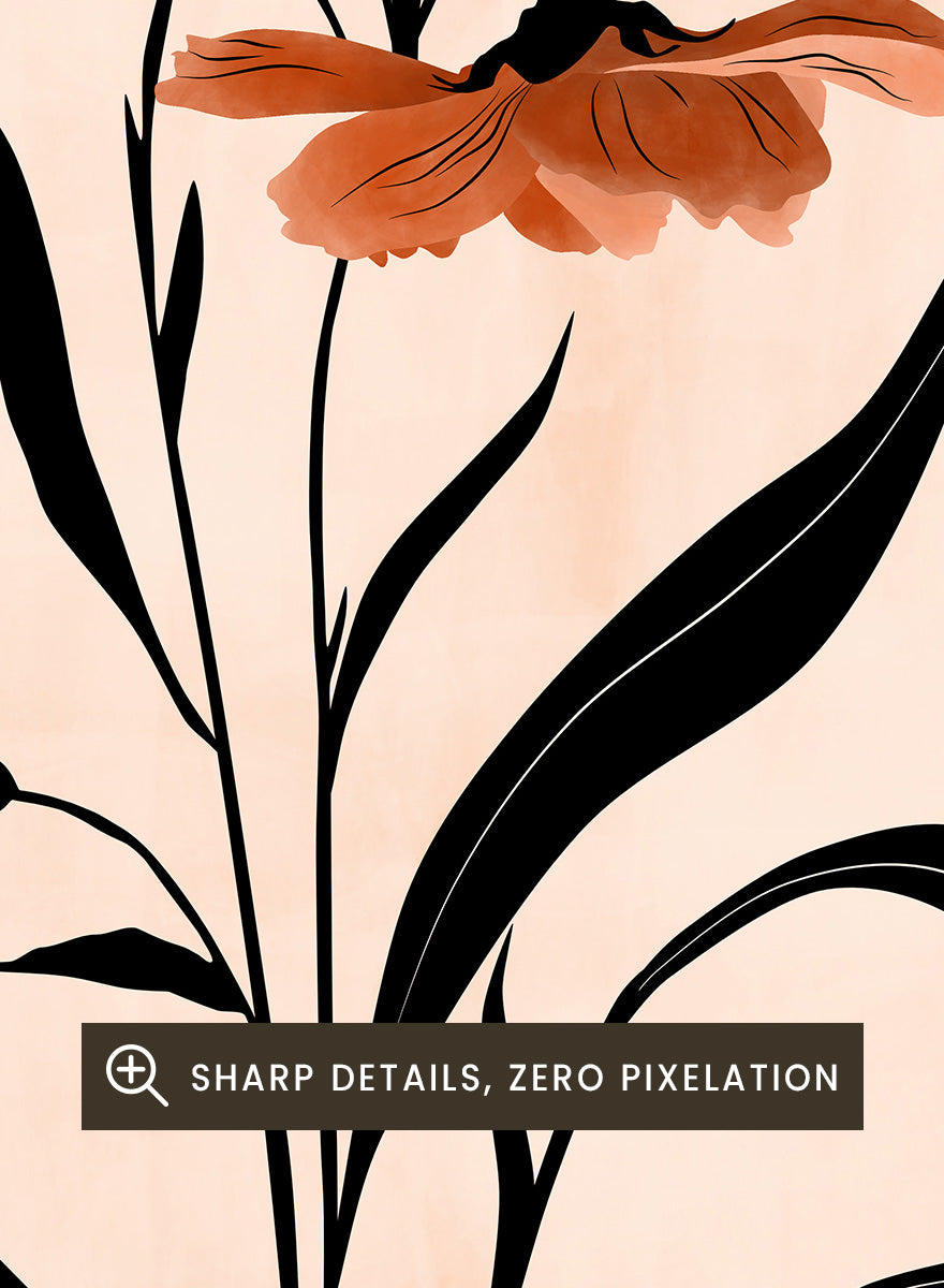 Shop Terracotta Floral Stripes by Elena Ristova, a modern floral wall art print poster featuring terracotta flowers, black leaves, and bold striped borders.