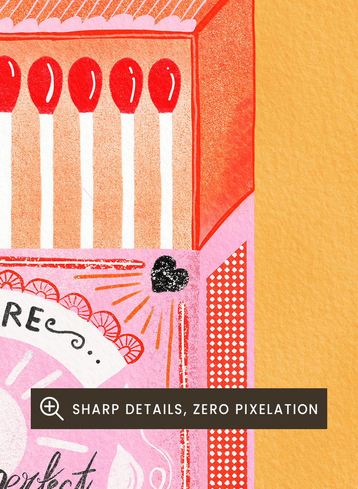 Illustration of a matchbox with 'We are the perfect match' text on a yellow background. Match Box, The Perfect Match by Baroo Bloom is a playful love-themed art print featuring a pink illustrated matchbox. Officially licensed wall poster with optional framing.