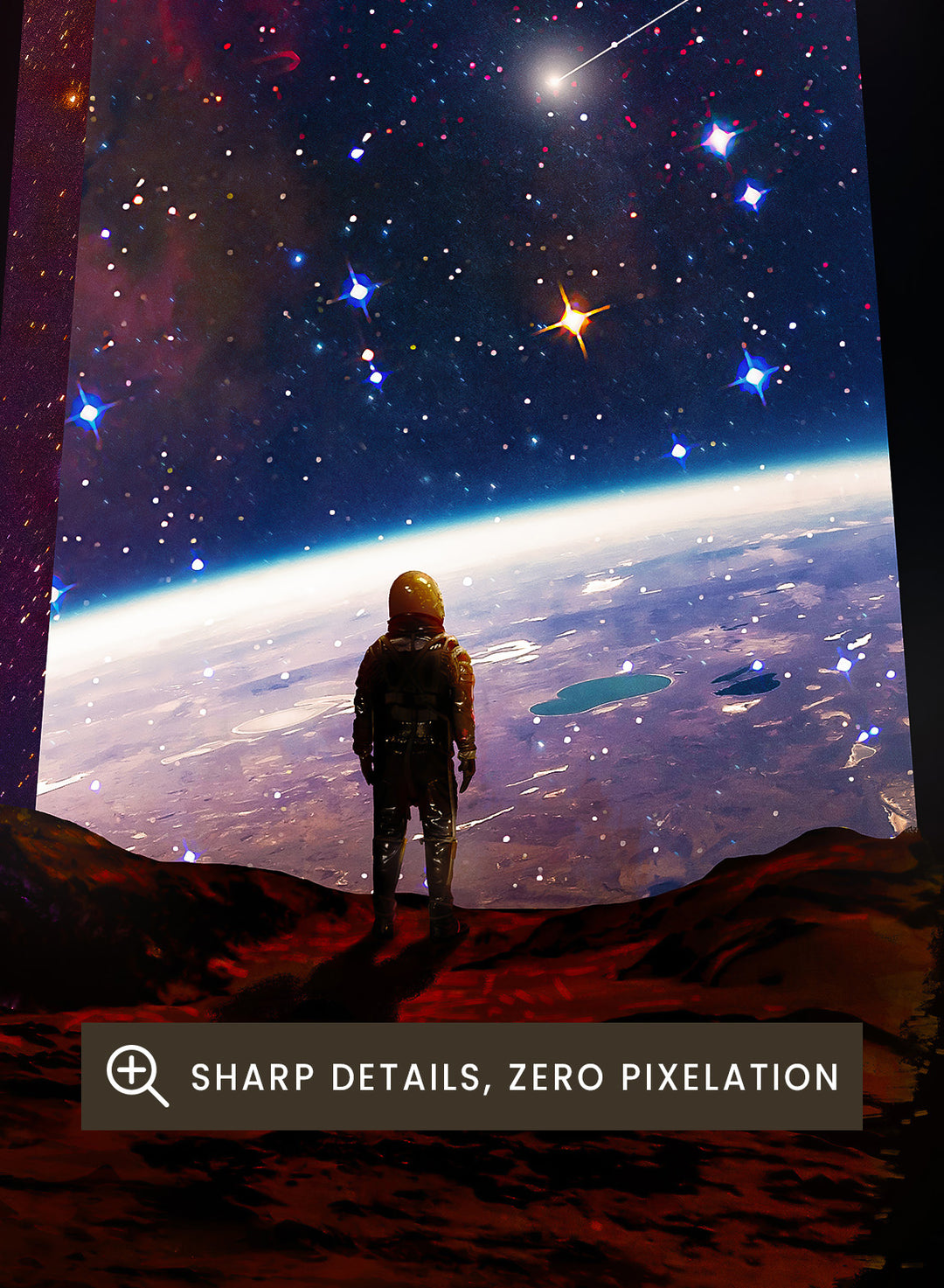 Keyhole-shaped portal to space with a silhouette of a person looking into it. The Cosmic Keyhole by Nicebleed is a surreal space art print featuring an astronaut looking through a cosmic keyhole, modern aesthetic wall poster.