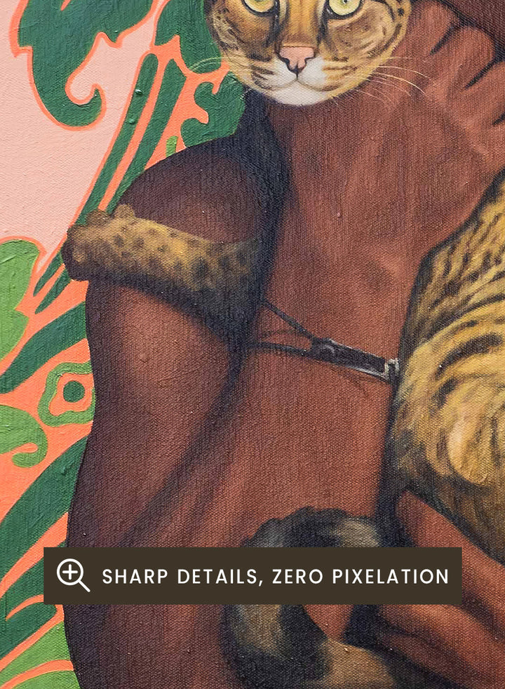 Shop Confident Man With Cat by Damilare Jamiu, a contemporary portrait art print featuring a stylish man, spotted cat, patterned details, and green and coral tones.