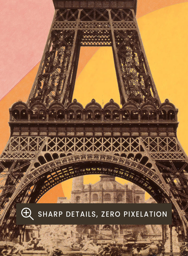 Eiffel Tower with a colorful geometric background. Eiffel Tower Retro Sunset by Florent Bodart is a Paris art print with vintage photo and colorful sunset stripes, a modern retro wall poster with bold graphic design.