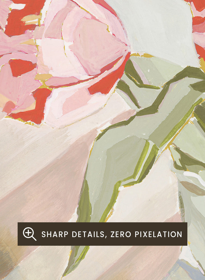 Artistic depiction of pink tulips in a clear vase on a striped background. Tulips in a Vase by Lucrecia Caporale is an officially licensed still life art print featuring pink tulips in a glass vase. Available framed or unframed.