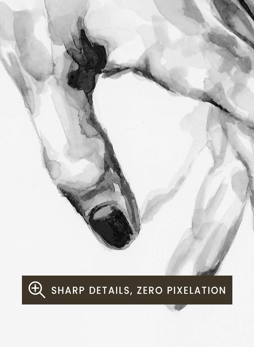 Shop Gentle Hands Connected by Sophia Novosel, a minimalist black and white wall art print poster featuring two hands touching in a soft, intimate gesture.