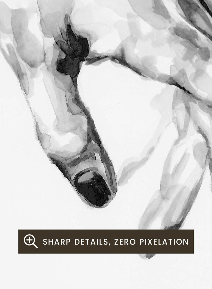 Shop Gentle Hands Connected by Sophia Novosel, a minimalist black and white wall art print poster featuring two hands touching in a soft, intimate gesture.