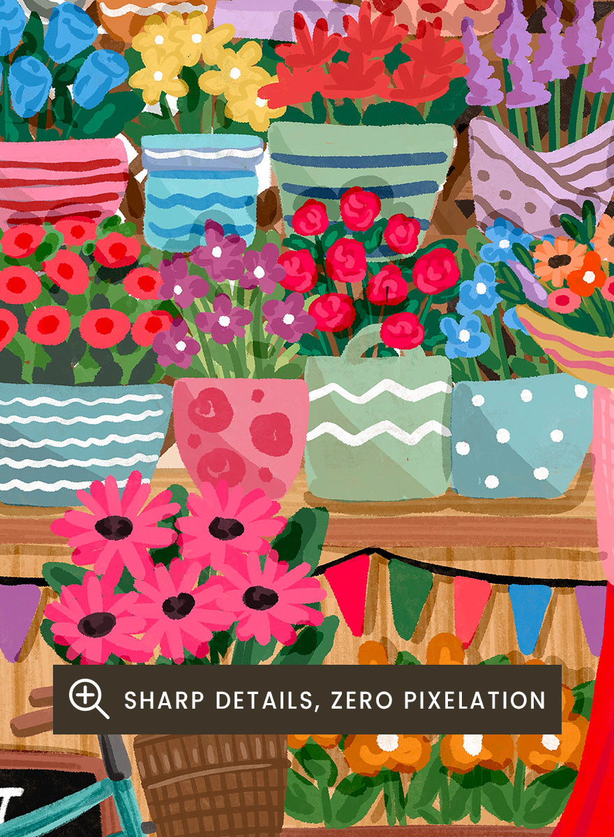A colorful illustrated flower market scene with a shop front, blooming pink cherry blossoms, flower stalls, a woman standing by a bicycle, and signs reading &