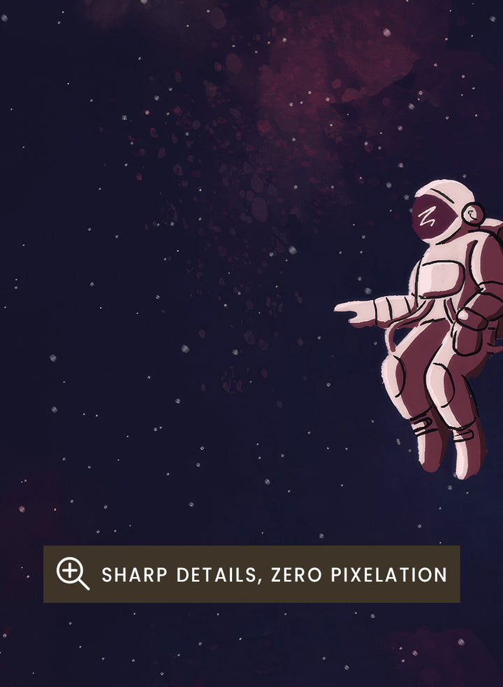 A framed art print featuring an astronaut floating in a starry outer space scene with deep purple, pink, and blue nebulae. The print has a white border with the text &