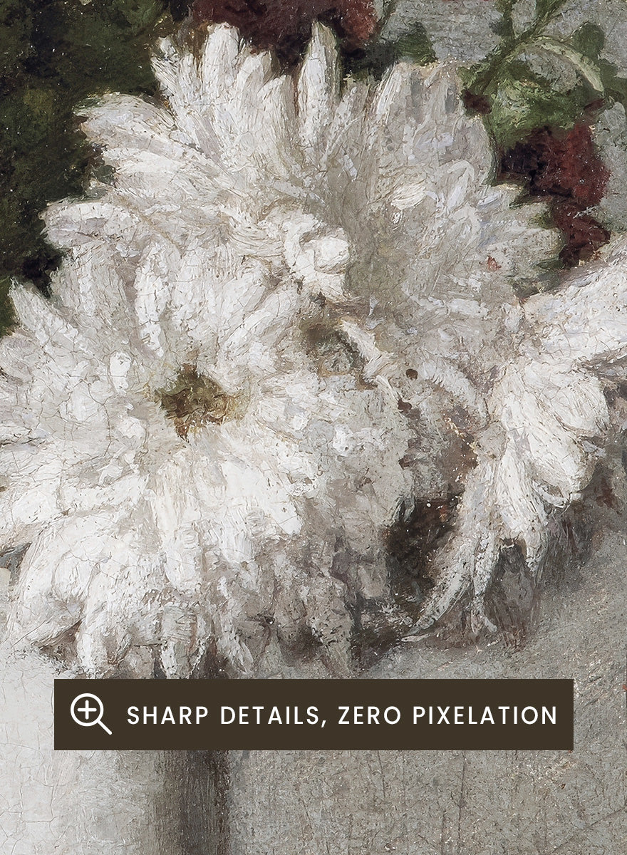 Shop Autumn Chrysanthemums in a White Vase by Henri Fantin-Latour, a vintage floral wall art print poster featuring chrysanthemums in muted green tones.
