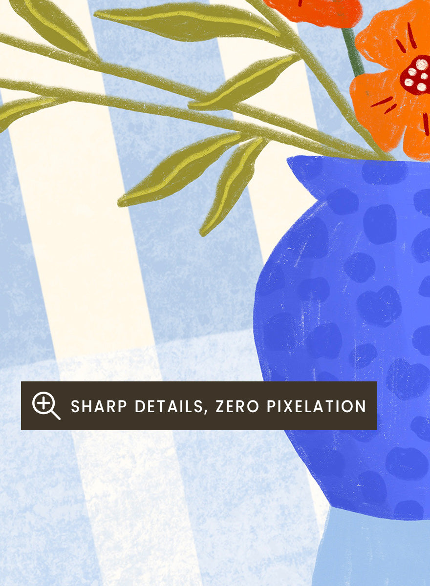 A framed art print featuring a stylized illustration of a blue patterned pitcher vase filled with orange, red, and pink flowers against a blue and white striped background. Cheerful Floral Pitcher by Bea Müller floral still life art print featuring orange and pink flowers in a bright blue jug with striped blue decor.