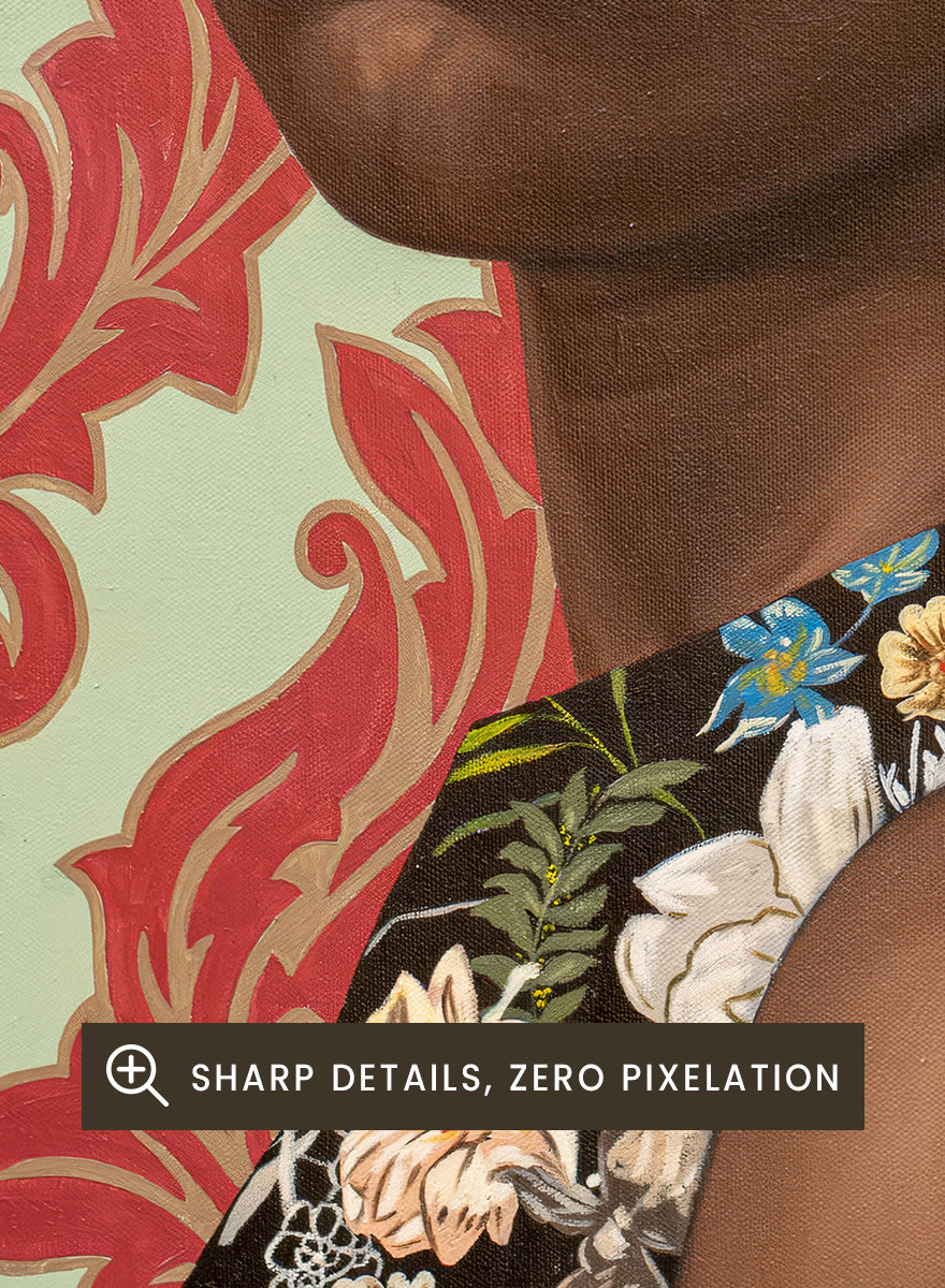 A portrait painting of a woman with a large dark afro hairstyle, wearing a floral-patterned sleeveless top, set against a red and cream damask wallpaper background. Shop Elegant Afro Floral Portrait by Damilare Jamiu, a contemporary portrait art print featuring a woman with afro hair, floral fashion, and rich green and coral tones.