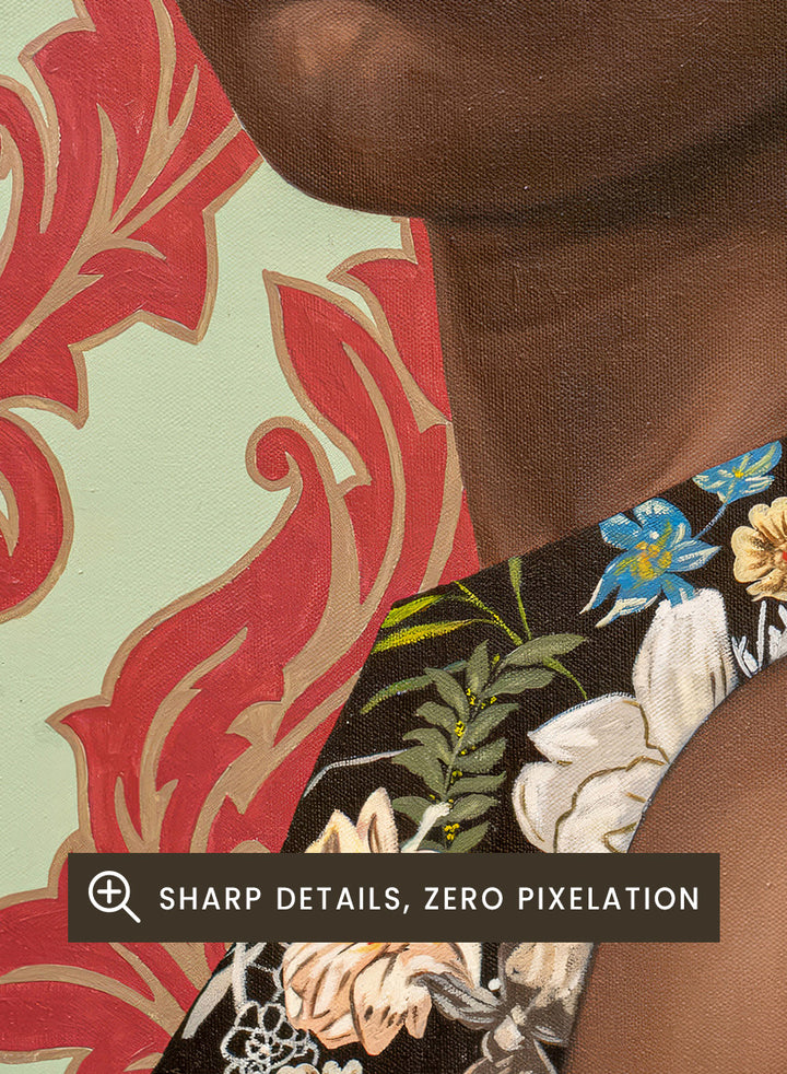 A portrait painting of a woman with a large dark afro hairstyle, wearing a floral-patterned sleeveless top, set against a red and cream damask wallpaper background. Shop Elegant Afro Floral Portrait by Damilare Jamiu, a contemporary portrait art print featuring a woman with afro hair, floral fashion, and rich green and coral tones.