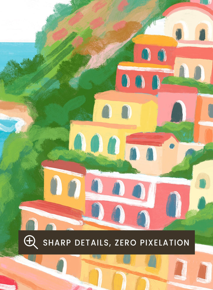 A colorful illustration of a coastal hillside town with tiered pastel buildings, a beach, blue sea, green foliage, and a church dome. Shop Vibrant Seaside Town by Nidhi Kachhadiya, a colorful coastal wall art print inspired by an Italian cliffside village, beach views, and bright Mediterranean color.