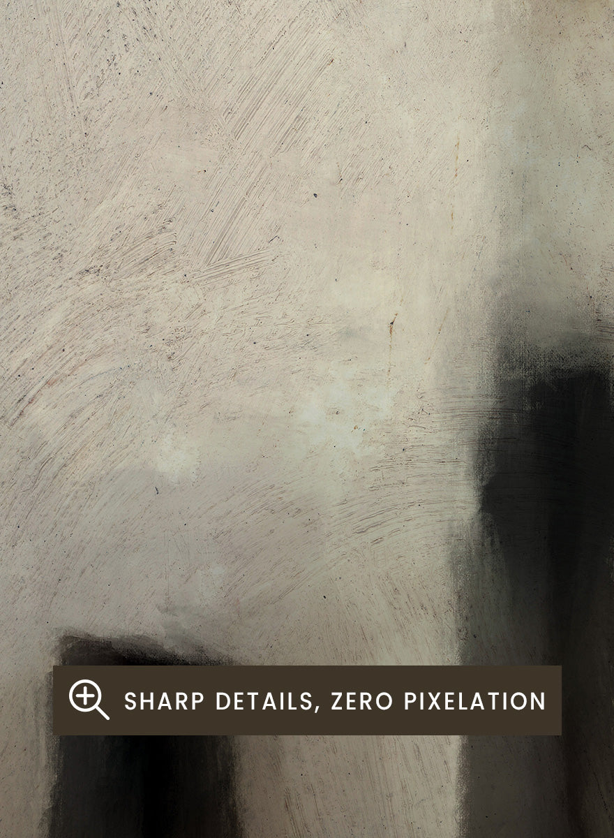 An abstract painting featuring textured blocks of warm beige, cream, and brown, with dark charcoal-like vertical shapes near the bottom and a small brown block in the upper right corner. Shop Brumea by Dan Hobday, a neutral abstract art print featuring soft layered forms, brushed texture, muted earthy tones, and a modern minimalist feel.