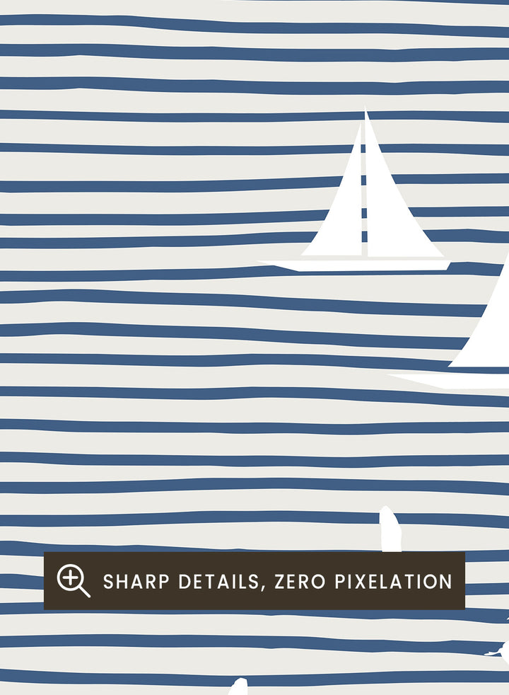 Three White Sails art print by Little Dean. Contemporary coastal wall art with sailboats, birds, striped ocean lines, orange sun, modern illustration poster design.