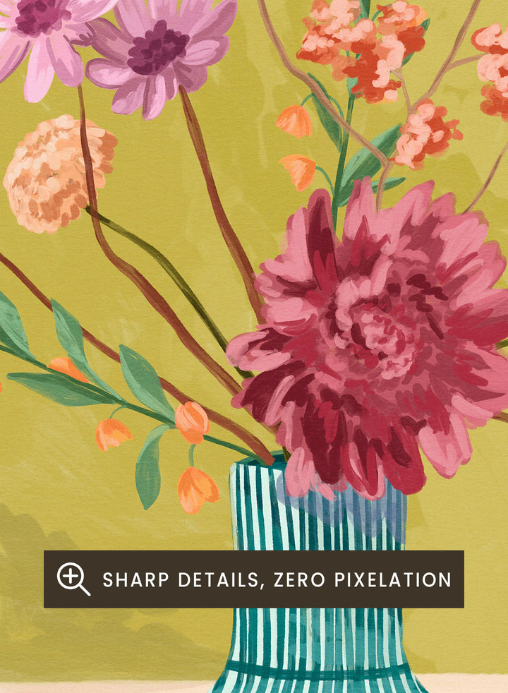 Illustration of a vase with flowers on a green background, featuring the text 'fleurs des champs' and 'couleurs d'ete'. Fleur Des Champs Green by Goed Blauw is a colorful floral art print and wall poster featuring a striped vase with loose flowers on a warm yellow background.