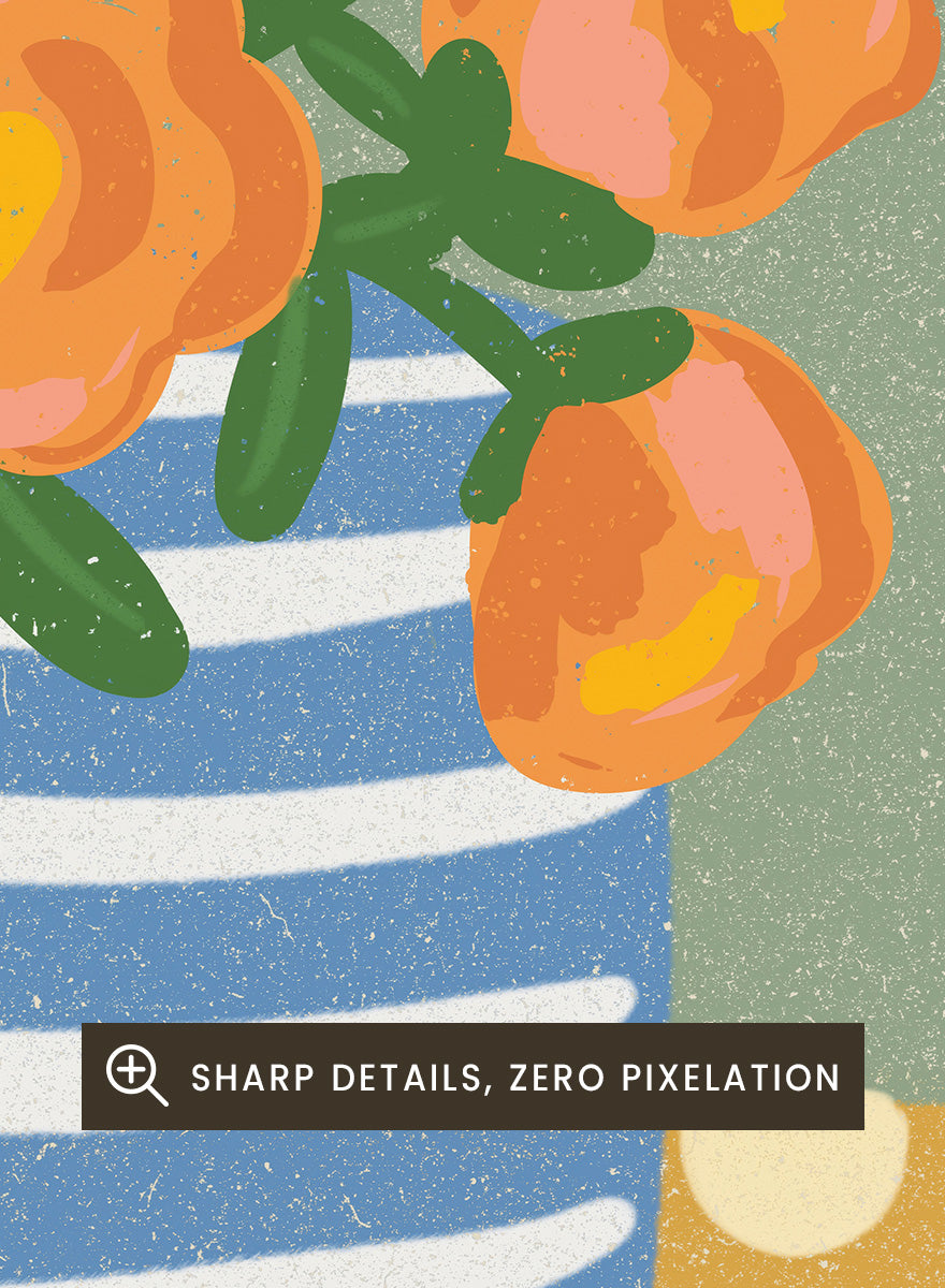 Shop Orange Floral Still Life by Nikita Jariwala, a floral wall art print poster featuring orange flowers in a blue striped vase with playful botanical details.