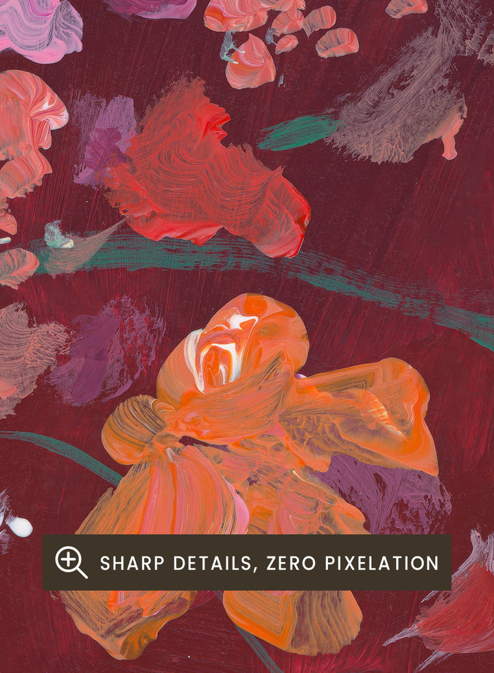 Colorful still life painting with flowers and a teacup on a table. Fall Bouquet by Katharina Puritscher art print featuring expressive floral still life, glass vase, coffee cup, book, and brushstrokes. Officially licensed wall poster.