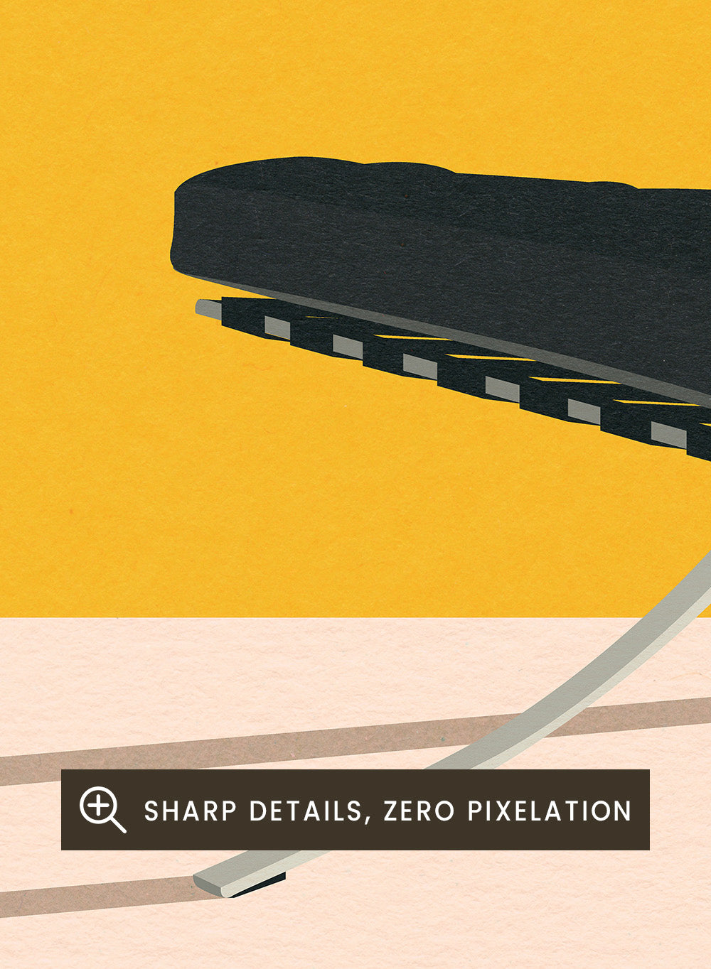 Black chair with metal legs on a yellow and beige background. Barcelona Chair by Mies Van Der Rohe by Rosi Feist is a minimalist modern design art print featuring clean lines and bold color. Officially licensed fine art poster with optional real wood framing, ready to hang.