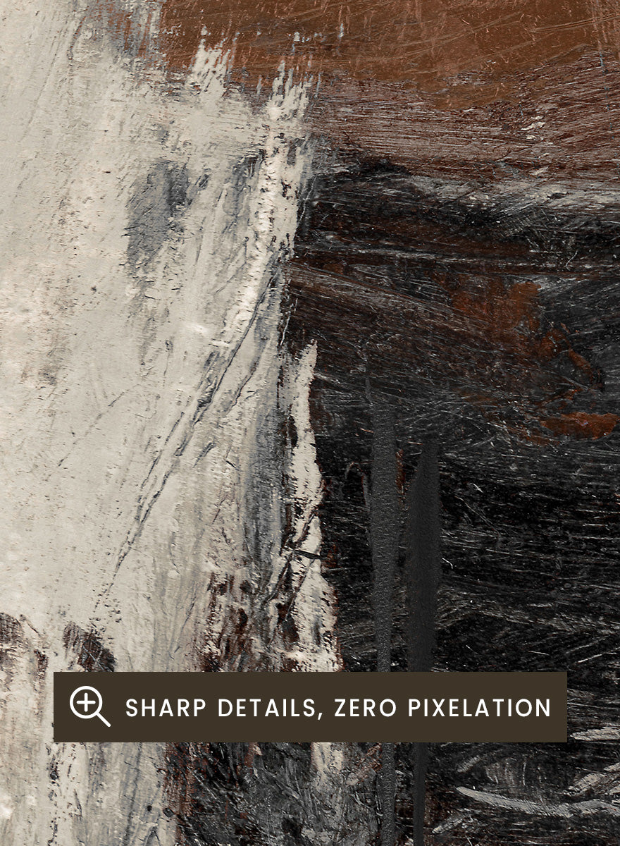 Shop Glow by Dan Hobday, a contemporary abstract art print featuring deep brown, charcoal, cream, and gray with expressive layered brush texture.