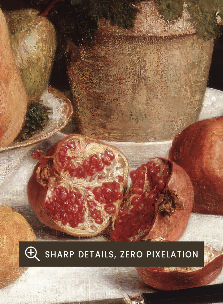 Shop Still Life with Primroses, Pears and Pomegranates by Henri Fantin-Latour, a vintage still life wall art print poster with warm brown tones.
