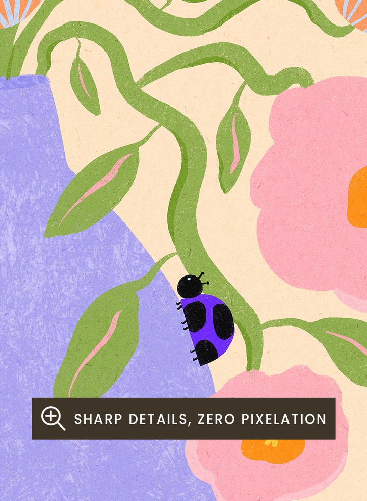A stylized floral art print showing pink flowers with orange centers and green stems arranged in a light purple vase on a pale yellow surface. Shop Pink Flowers Ladybugs by Dirkie Nell, a colorful floral art print featuring pink flowers, a lavender vase, green stems, and playful ladybugs.