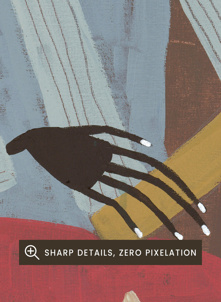 Artistic depiction of a person wearing a hat and sweater with a red background. Clear My Head by Studio IMO (Ibi Meier-Oruitemeka) is a modern figurative art print with a seated figure and contemporary portrait wall poster design.