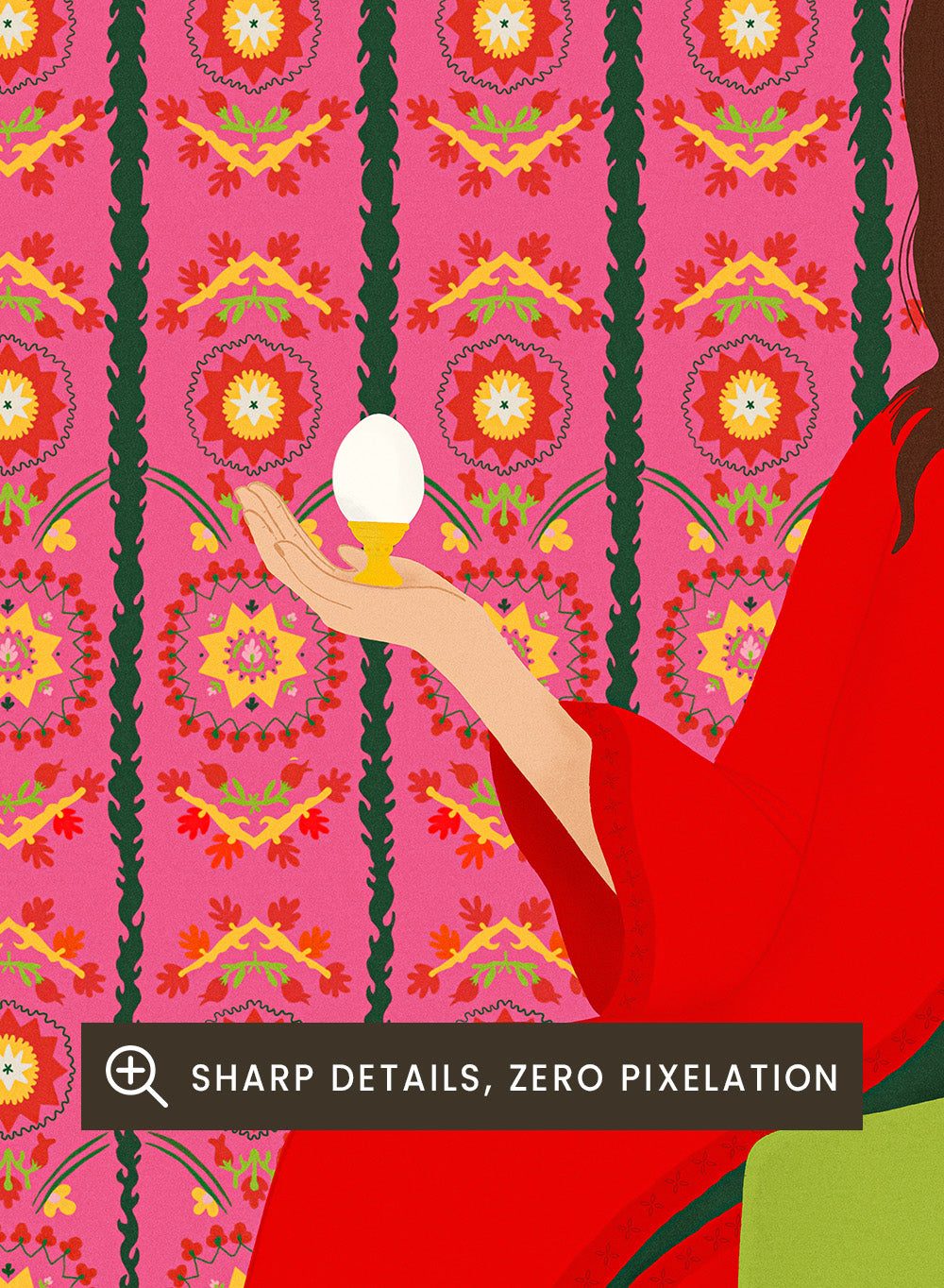 Woman in a red coat sitting on a green chair with a dog, against a pink patterned wall. Wonderful Egg by Jota de Jai is a whimsical modern art print of a woman in a red robe holding an egg with her greyhound, officially licensed wall poster with framing.