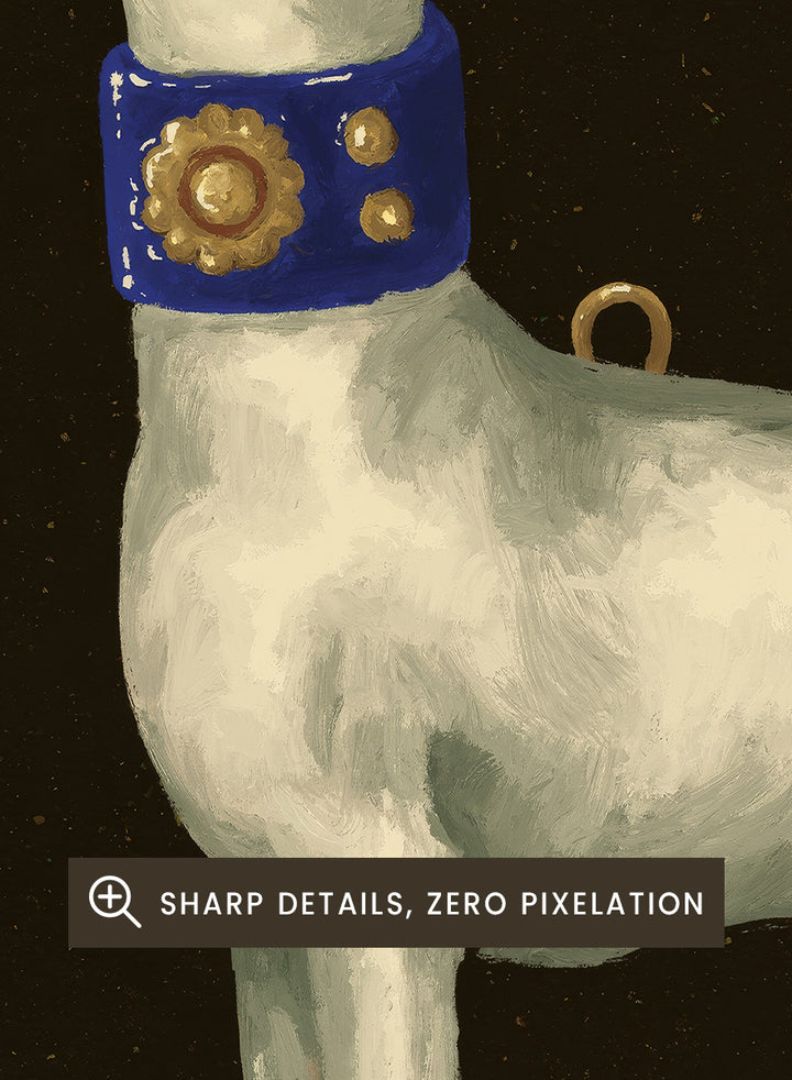 Shop Elegant White Greyhound by NKTN, a dog wall art print poster featuring a graceful white greyhound with a blue and gold collar on a dark background.