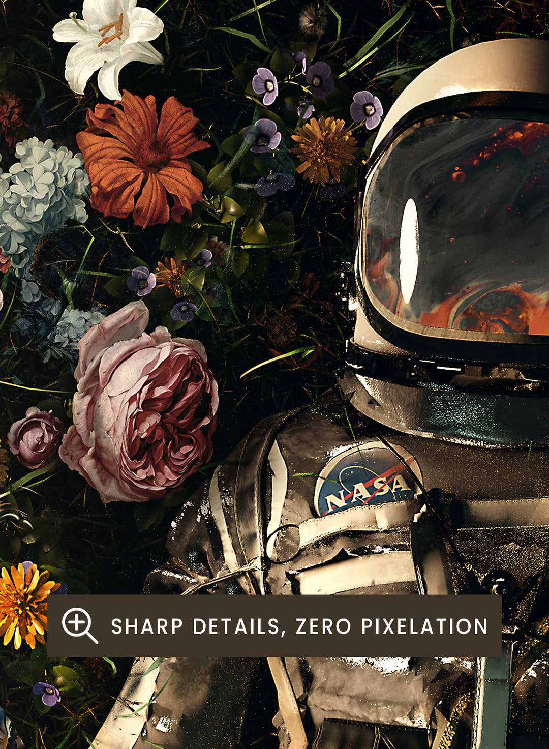 Person in a spacesuit lying on a bed of flowers with a dark background. Cosmic Floral Dream by Nicebleed is a surreal astronaut floral art print featuring a space figure surrounded by flowers, modern aesthetic wall poster.