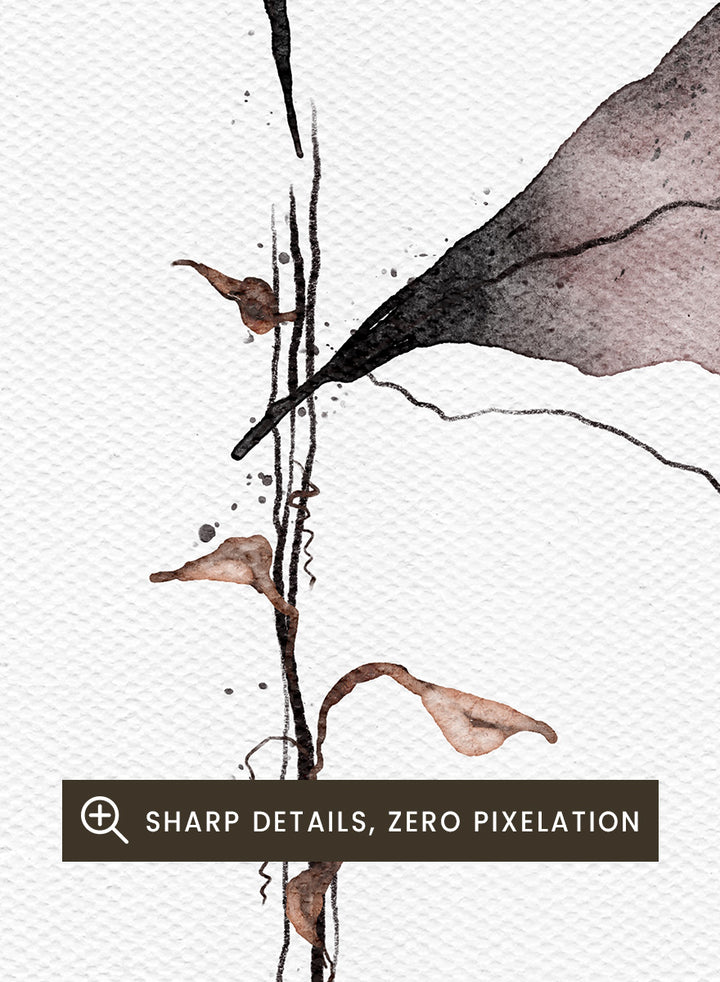 Abstract watercolor floral art print featuring two muted mauve-brown flower shapes on a thin black stem against a white textured background. Shop Muted Botanical Abstraction by Ankie Kooi, an abstract botanical wall art print poster with watercolor leaves, minimalist line art, purple, brown, and cream.