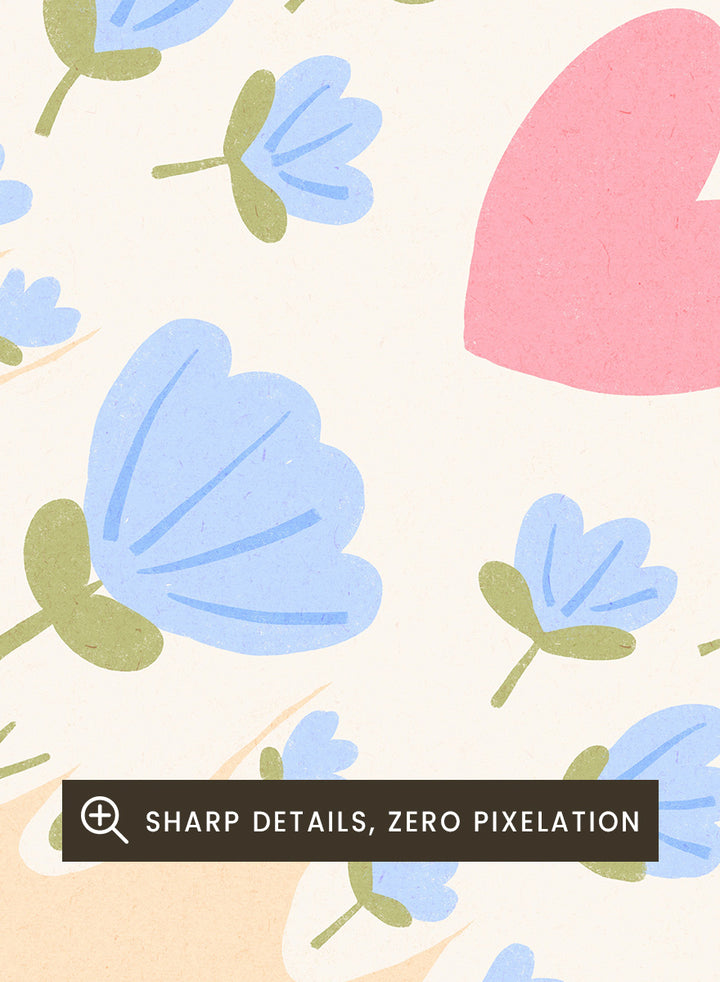 A framed art print featuring a whimsical illustration of a white dove with blue flowers and a pink heart, framed by a pastel multicolor border on a light peach background. Shop Flowering Peace Dove by Dirkie Nell, a colorful bird and floral art print featuring a white dove, blue flowers, pink wings, and a playful peace motif.