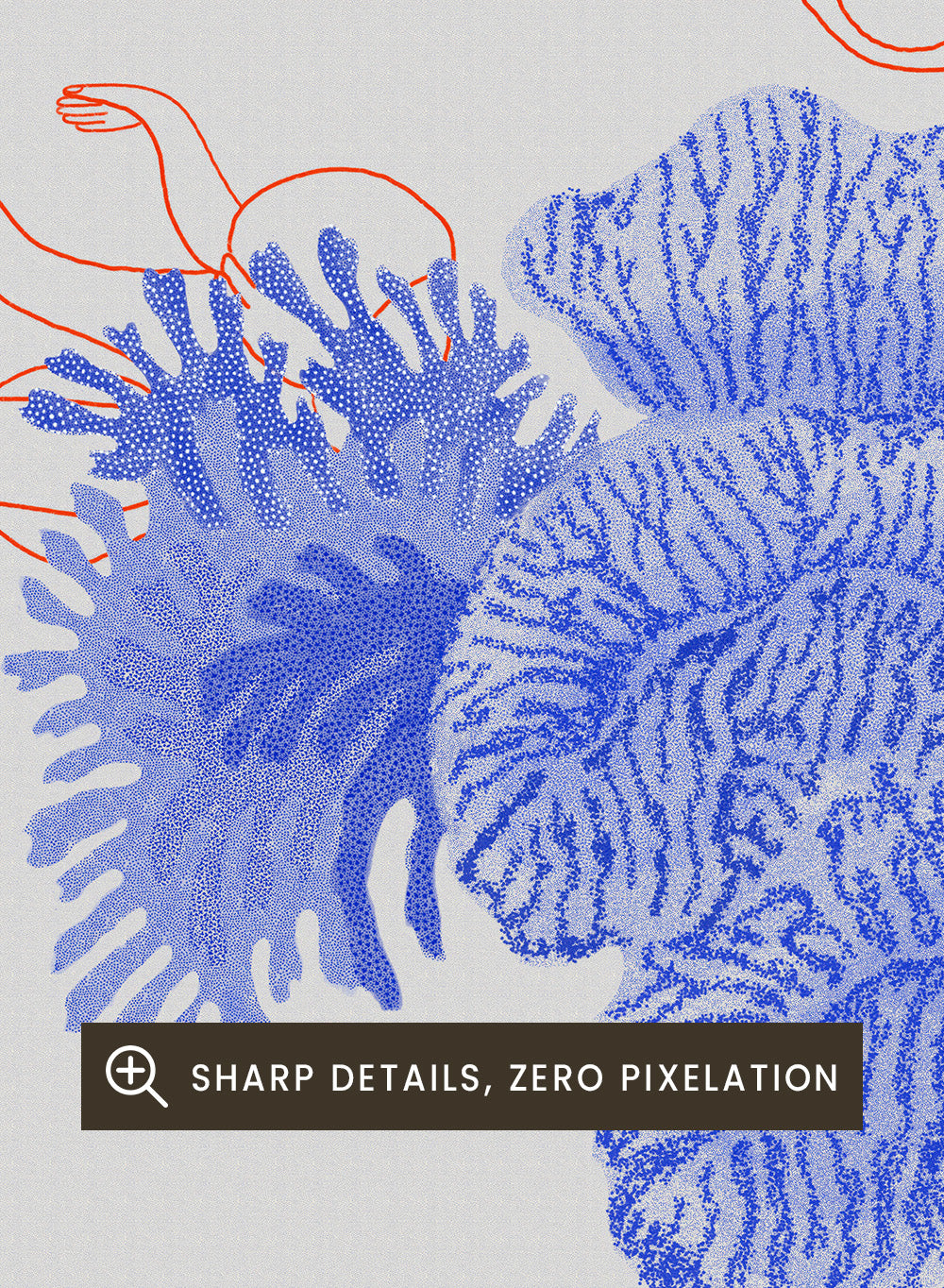 Illustration of people climbing on coral with blue and white patterns. Underwater by Jota de Jai is a modern blue wall art print of swimmers drifting through an ocean coral illustration, available as a premium fine art poster with optional wood framing.