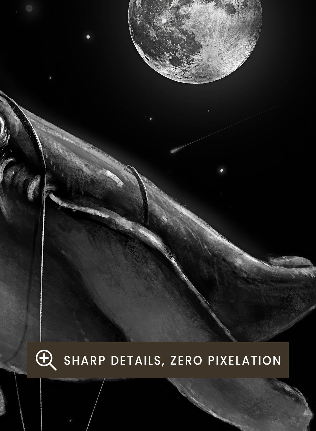 Black and white illustration of a large whale balloon with a person attached, set against a starry night sky with a moon. Cosmic Whale Ride by Nicebleed is a surreal space art print featuring an astronaut hanging from a floating whale, modern aesthetic wall poster.