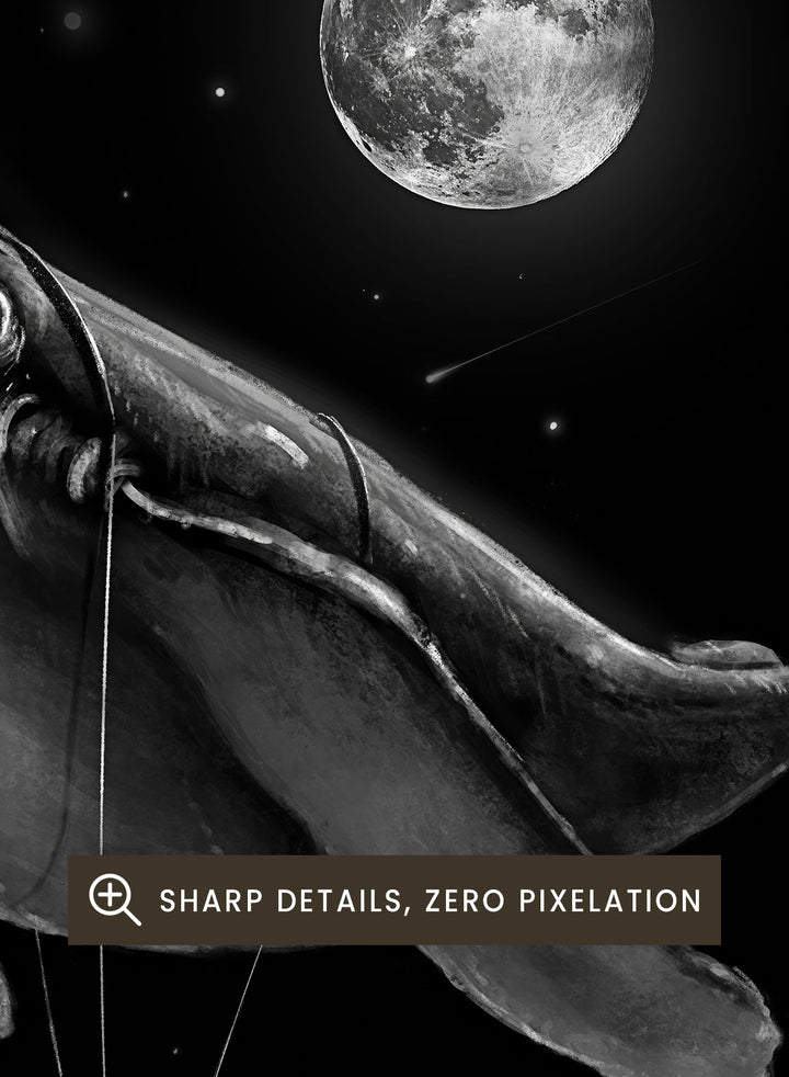Black and white illustration of a large whale balloon with a person attached, set against a starry night sky with a moon. Cosmic Whale Ride by Nicebleed is a surreal space art print featuring an astronaut hanging from a floating whale, modern aesthetic wall poster.