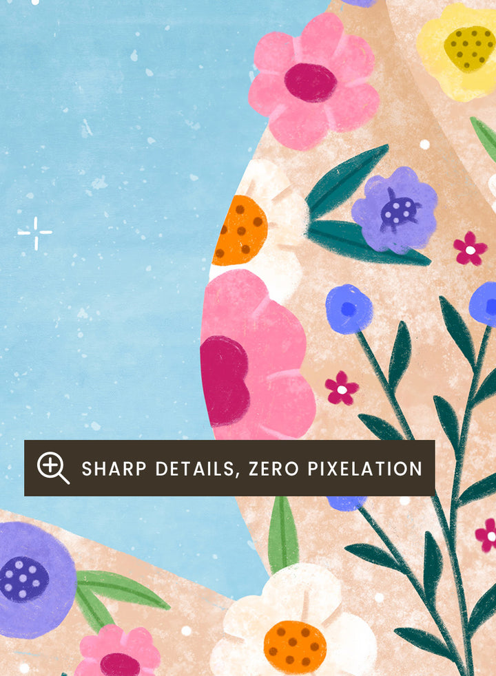 A framed art print featuring a stylized illustration of a young woman with long light brown hair, surrounded by colorful flowers and white birds against a light blue sky. ree Spirit Floral Dreams by Bea Müller floral woman art print featuring a flowing flower-covered summer dress, white birds, and a bright blue sky.