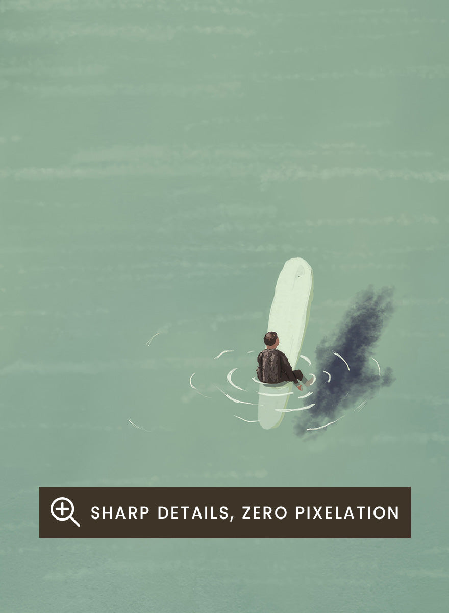 A framed art print featuring a minimalist aerial illustration of a surfer on a large wave, with the caption &