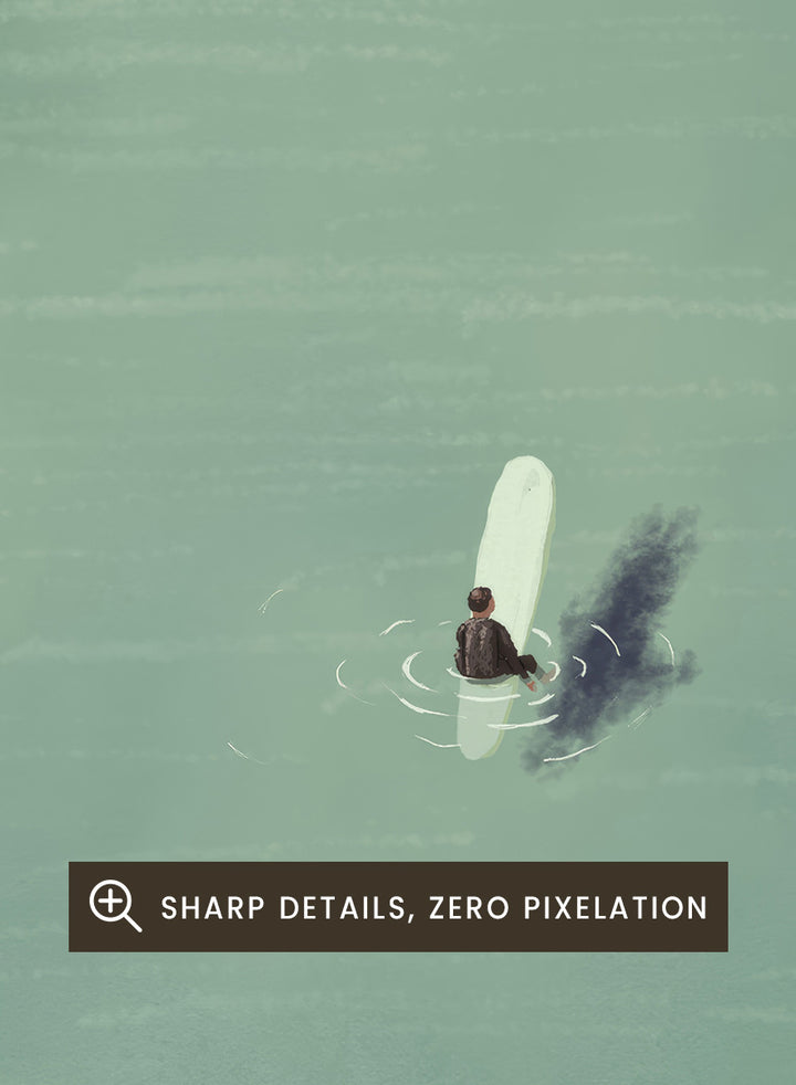 A framed art print featuring a minimalist aerial illustration of a surfer on a large wave, with the caption &