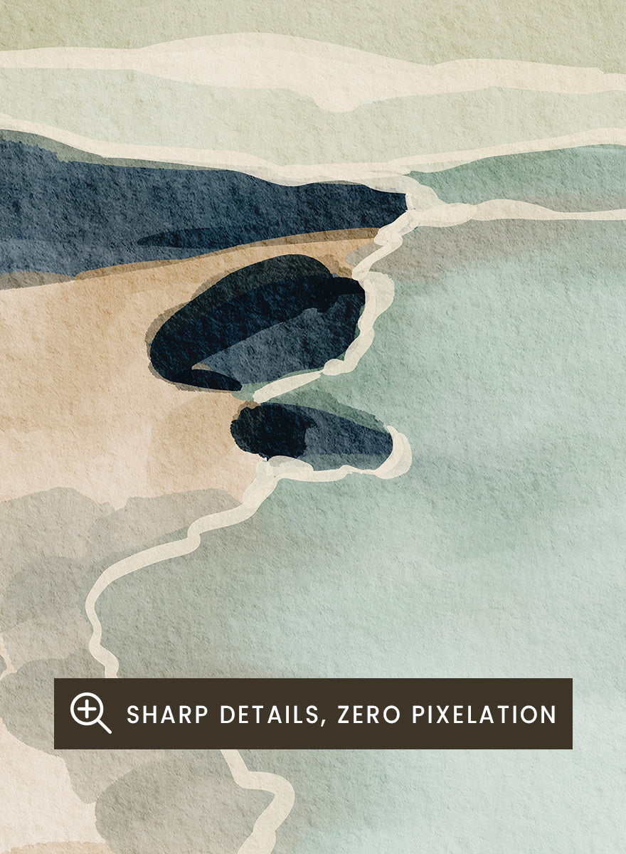 Shop Coastal Serenity by Nikita Jariwala, a modern coastal wall art print featuring a soft shoreline, abstract seascape, rocky beach, and pale blue, sage, and cream tones.