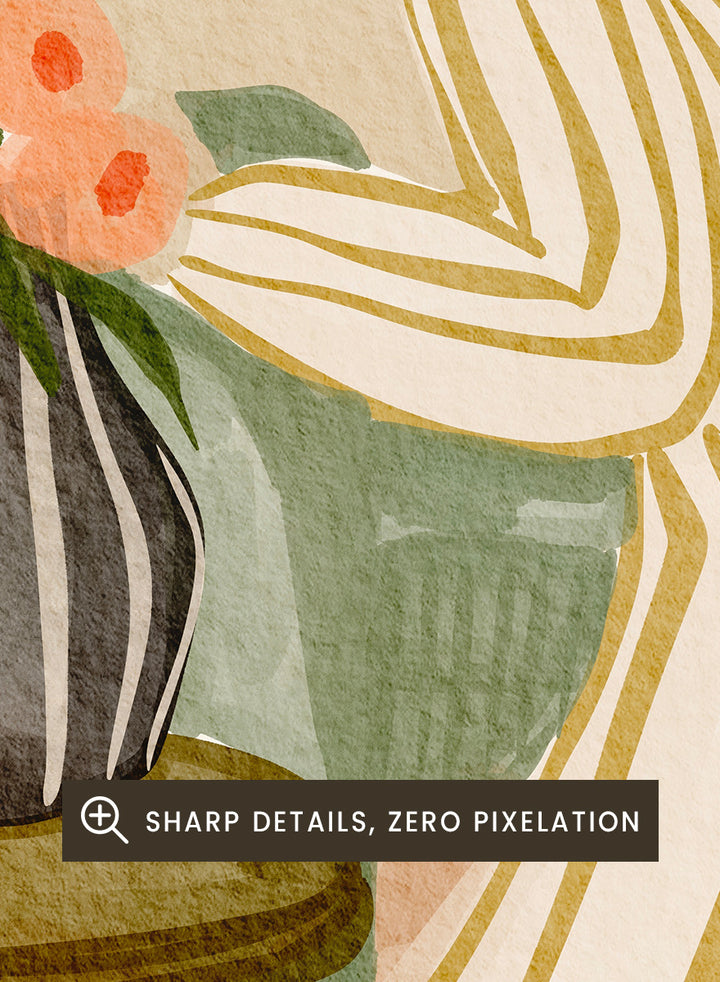 A stylized art print depicting a woman in a cream and gold striped gown leaning over a small table with a striped vase of pink flowers, set against a muted green sofa and beige background. Shop Woman Admiring Flowers by Nikita Jariwala, a modern floral wall art print featuring a woman, peach blooms, striped dress, and warm earthy tones.
