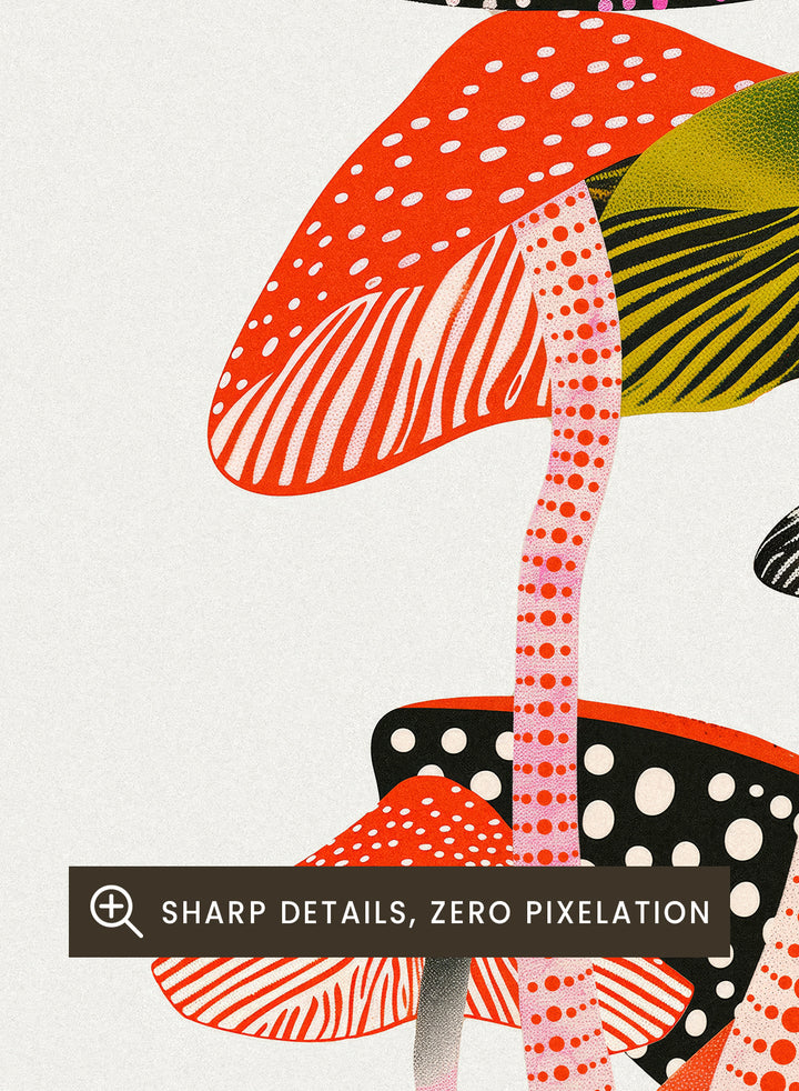 Colorful mushroom illustration with Japanese text on a white background. Colorful mushroom illustration with Japanese text on a white background. Mahō no Kinoko psychedelic mushroom art print featuring colorful Japanese fly agaric illustration, modern botanical poster and contemporary wall art.