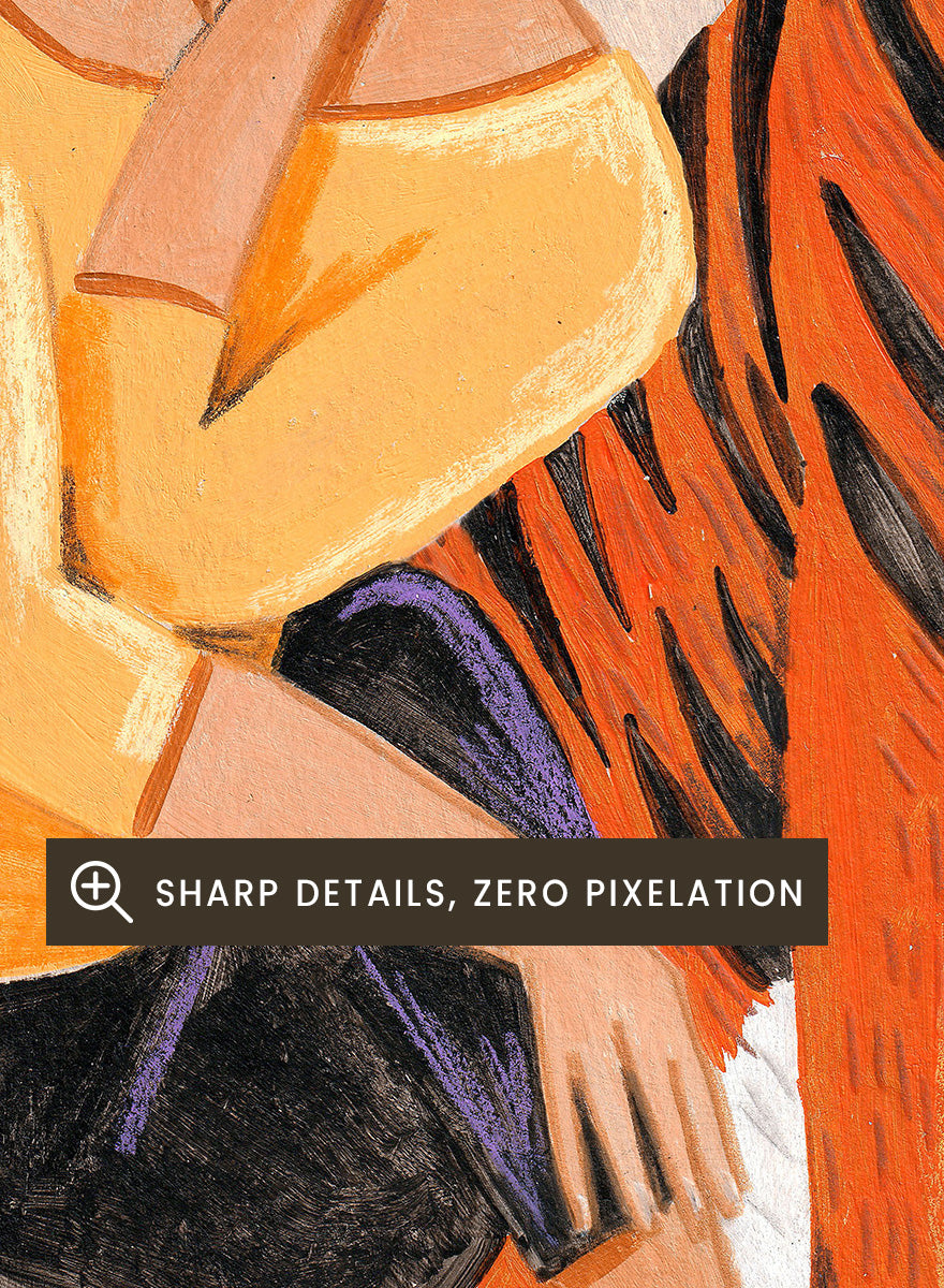 A framed art print featuring a stylized illustration of a woman in a yellow top and black skirt sitting beside an orange tiger, surrounded by tropical leaves and a warm orange sky. Woman with Tiger by Caroline Bonne Müller tropical art print featuring a woman beside a tiger among lush foliage, bold color, and hand-drawn texture.