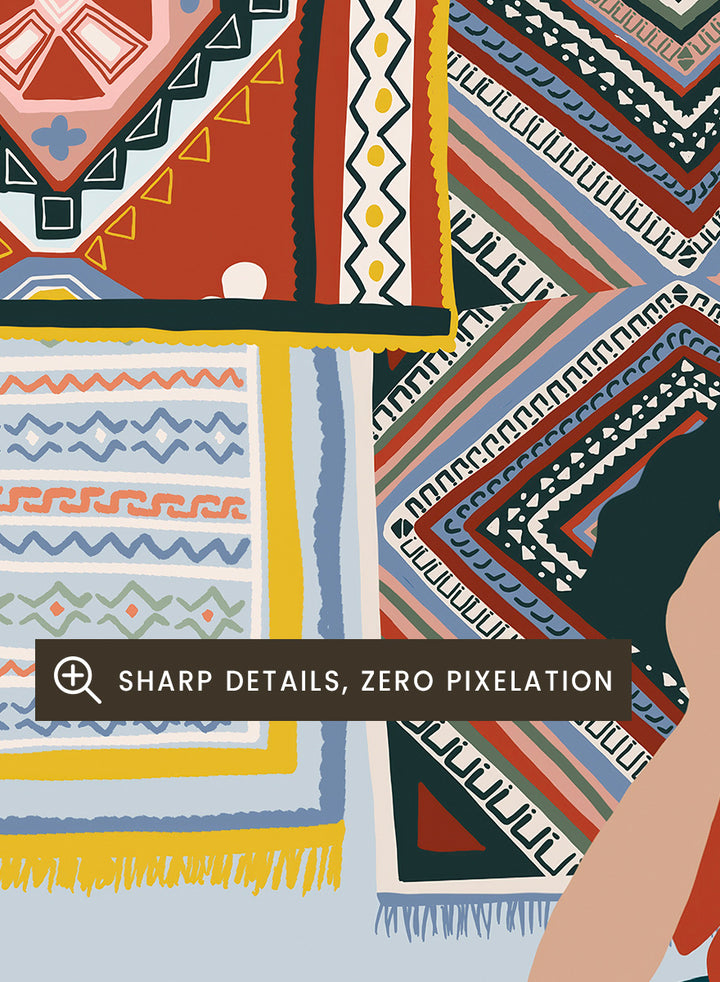 A framed art print featuring a stylized illustration of a woman sitting cross-legged on a patterned rug, surrounded by colorful geometric textiles hanging on a wall. Bohemian Coffee Morning by Ceyda Alasar interior art print featuring patterned rugs, floor cushions, potted plants, coffee, and colorful collected decor.