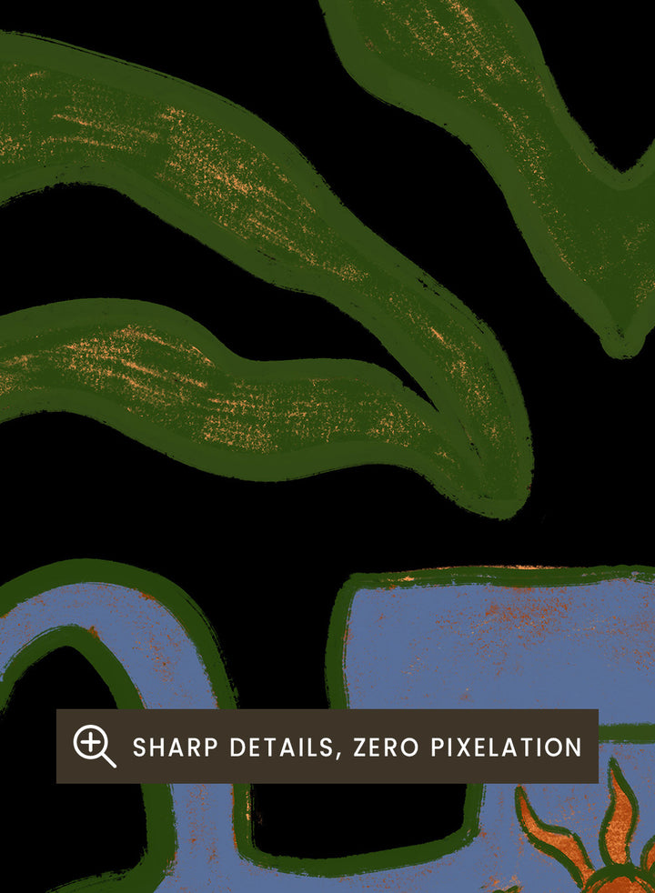 Decorative design with a blue urn, red figure, green leaves, and white flowers on a black background. Vessel Collection: Harmony by Arty Guava art print, modern vase wall poster with botanical illustration, contemporary minimalist line artwork.