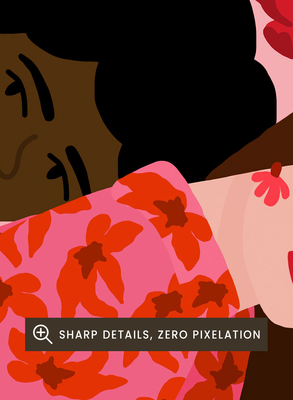 Illustration of two women embracing with a floral pattern in the background. Friendship by Rafaela Mascaro fine art print poster featuring two women embracing, red floral background, modern botanical wall art.