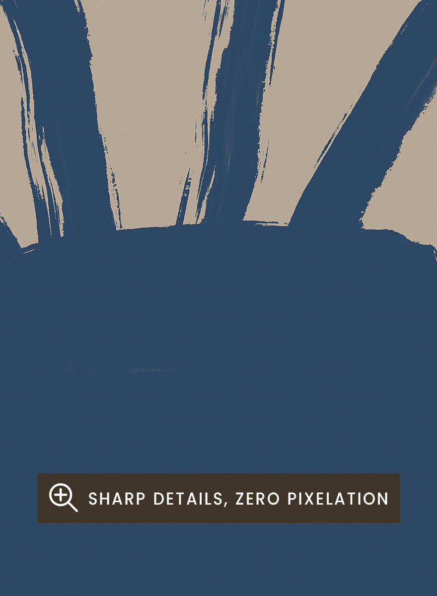 A minimalist art print featuring a dark blue silhouette of a vase with two handles and abstract flower stems, set against a warm beige background. Minimalist Blue Blooms by The Art Concept is a modern floral art print featuring a deep blue vase, loose flowers, and a warm beige background.