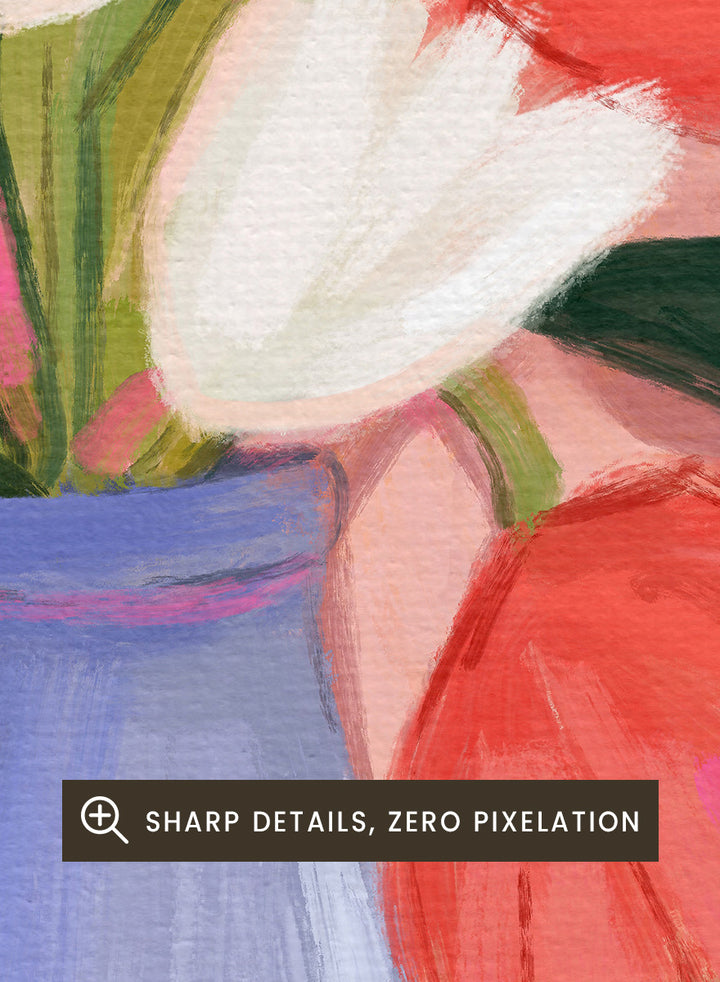 A still life painting of a bouquet of red and white tulips in a blue vase, set on a pink tablecloth next to a cup of coffee and a yellow fruit, against a peach background. Shop Fresh Tulips and Coffee by Dirkie Nell, a colorful floral still life art print featuring tulips, coffee, a blue vase, and warm pink and peach tones.
