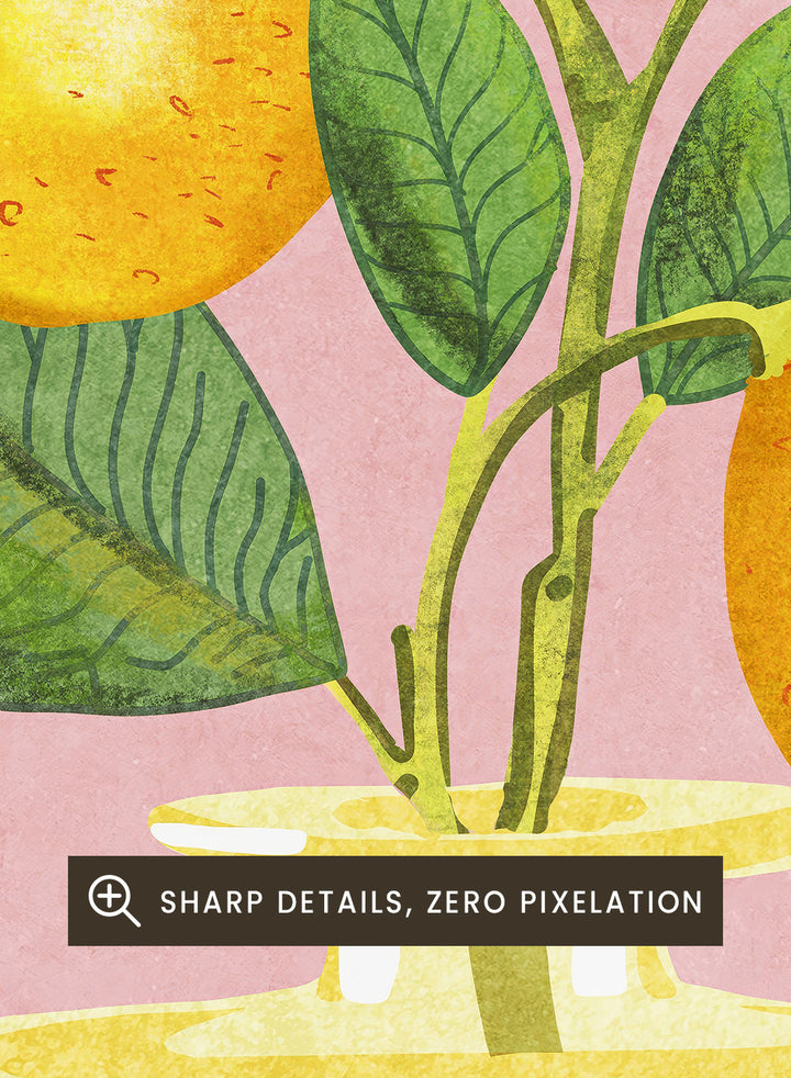 Illustration of lemons and a flower in a glass bottle on a pink background. Lemon Bunch In Vase by Raissa Oltmanns is a modern lemon still life art print featuring citrus fruit and floral kitchen wall poster design.