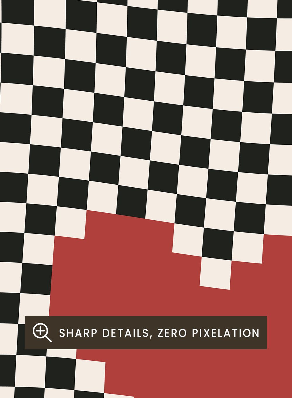 Checkered pattern with a red heart in the center. Pixel Heart by Frankie Kerr-Dineen features a red pixel heart on a wavy checkerboard background. Modern graphic art print and contemporary wall poster.