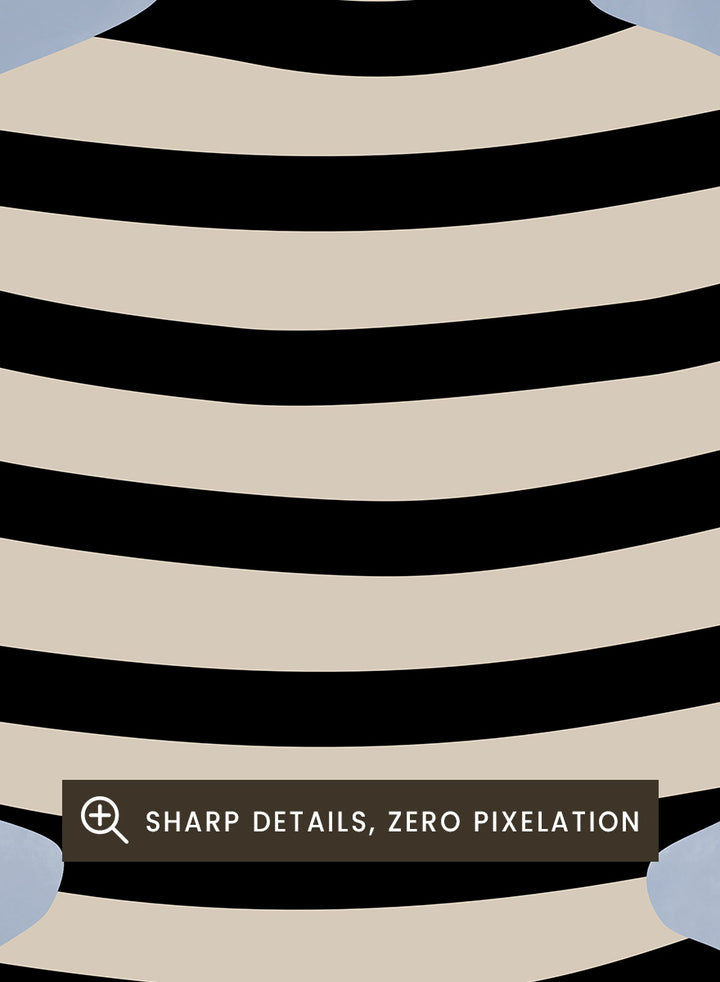 Shop Modern Striped Vase by Elena Ristova, a modern still life wall art print poster featuring a black-and-cream striped vase against soft blue tones.